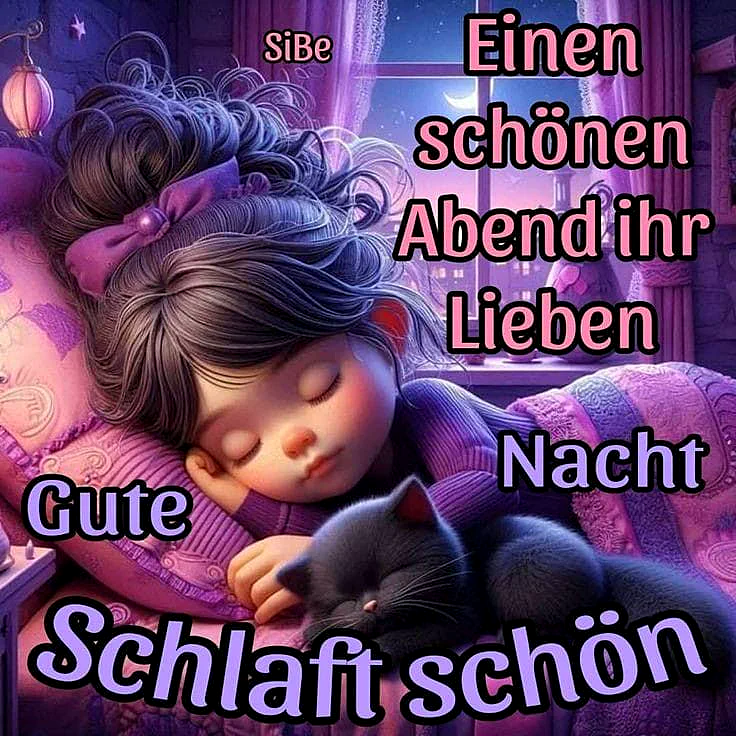 Ein Mädchen schläft auf einem rosa Kissen mit einem schwarzen Kater neben sich. Im Hintergrund ist ein Fenster mit einer Nachtlandschaft und einem Vollmond.