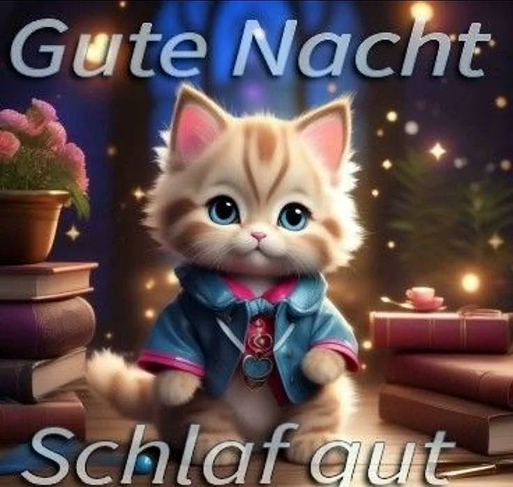 Ein niedliches Cartoon-Kätzchen in einem blauen Shirt mit rosa Manschetten sitzt zwischen Büchern, einem Blumentopf und einem Teetopf, umgeben von Sternen und einem Fenster im Hintergrund.