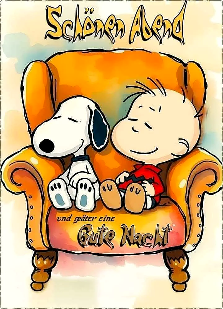 Eine bezaubernde Cartoon-Darstellung von Snoopy und Charlie Brown, friedlich in einem gemütlichen gelb-orangen Sessel schlummernd. Das Bild vermittelt eine warme, beruhigende Stimmung und wünscht süße Träume.