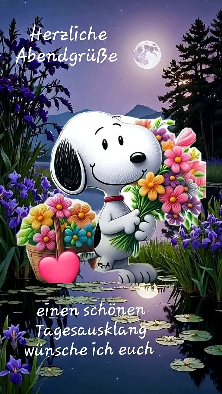 Ein Cartoon von Snoopy, der in einer idyllischen Naturumgebung steht, umgeben von Blumen, einem Teich mit Seerosen und einem Vollmond am Himmel. Der Hund hält ein Blumenbouquet in den Pfoten.
