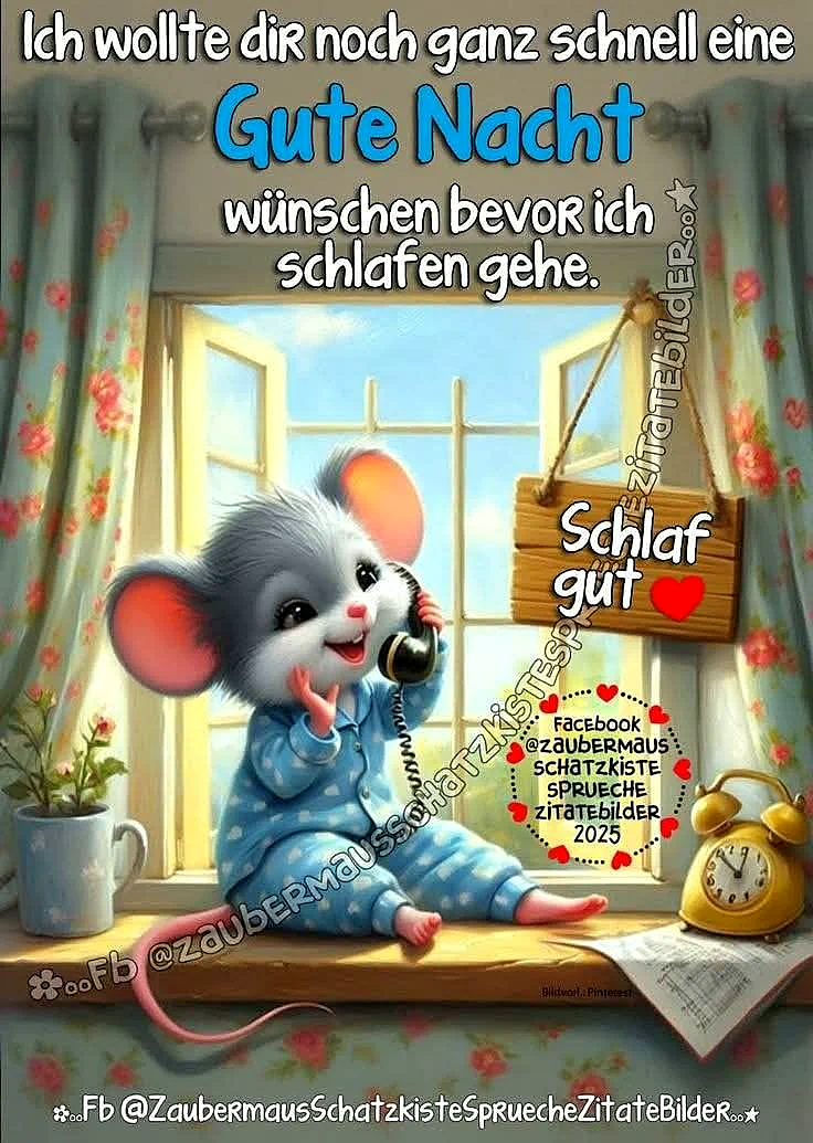 Ein niedliches Maus in einem blauen Pyjama sitzt auf einer Fensterbank, hält ein Telefon ans Ohr und lächelt. Im Hintergrund ein offenes Fenster mit Blumenvorhängen und eine Uhr.