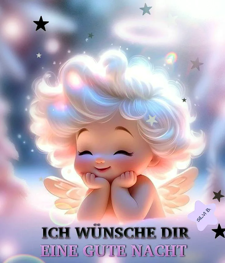 Ein Cartoon-Engel mit weißen Haaren und Flügeln, umgeben von Sternen und einem hellen Hintergrund.