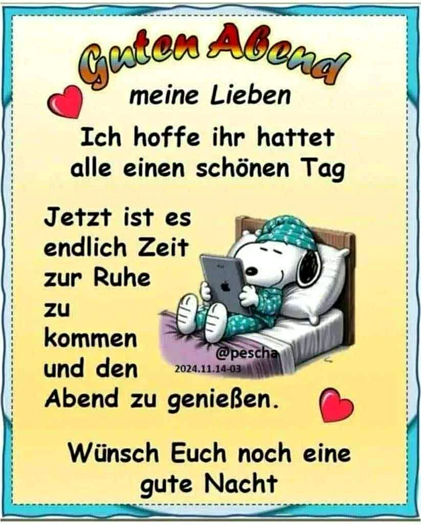 Ein Cartoon von Snoopy im Bett liegend, mit einem Tablet in der Hand, umgeben von einem gelben Hintergrund mit blauem Rand. Der Hund trägt eine grüne Schlafanzug und Mütze.