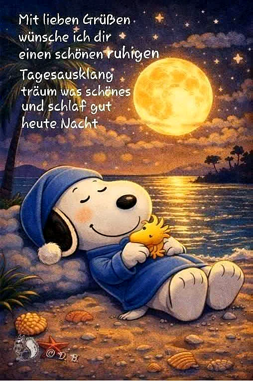Snoopy liegt entspannt in blauer Schlafkleidung am Strand, seinen Freund Woodstock umarmend, während ein großer goldener Vollmond den sternenklaren Nachthimmel über dem ruhigen Meer erhellt und eine friedliche Gute-Nacht-Stimmung schafft.