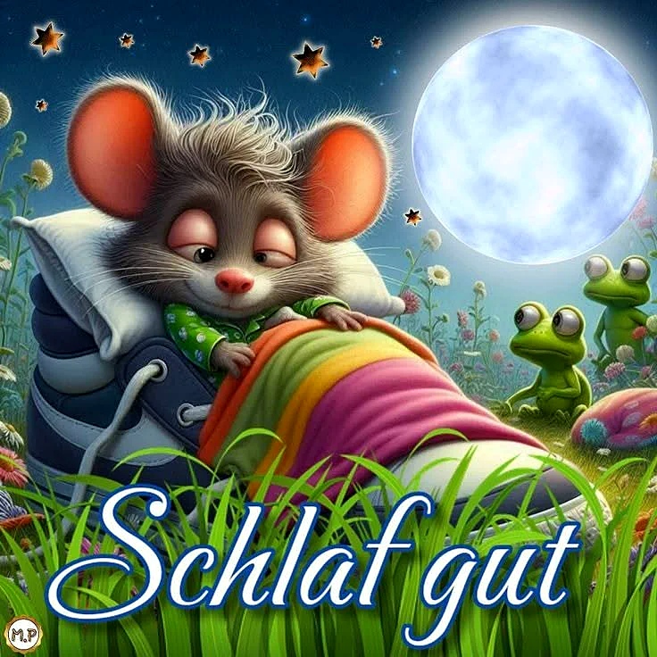 Eine niedliche Maus liegt schläfrig in einem Turnschuh, zugedeckt mit einer bunten Decke. Im Hintergrund leuchten der helle Mond und Sterne. Zwei grüne Frösche schauen zu. Eine friedliche Gute-Nacht-Szene.