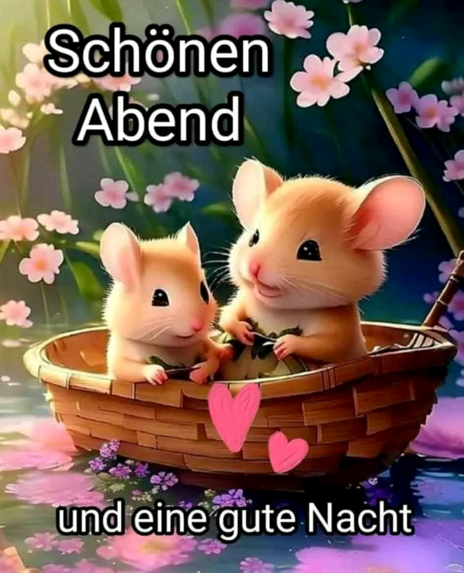 Zwei knuffige Mäuse sitzen in einem Weidenkörbchen, umgeben von zarten rosafarbenen Blüten und Blättern in sanften Pastelltönen. Sie strahlen eine herzliche Abendstimmung aus, ergänzt durch zwei rosa Herzen.