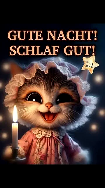 Ein bezauberndes animiertes Kätzchen in rosa Nachthemd und Spitzenhaube wünscht Gute Nacht. Es hält eine brennende Kerze, umgeben von warmen, unscharfen Lichtern und einem kleinen leuchtenden Stern vor dunklem Hintergrund.