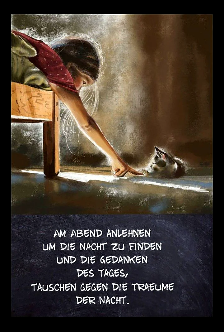 Ein Mädchen liegt auf dem Boden und hält die Pfote eines Katze, im Hintergrund ein Stuhl, Gemälde