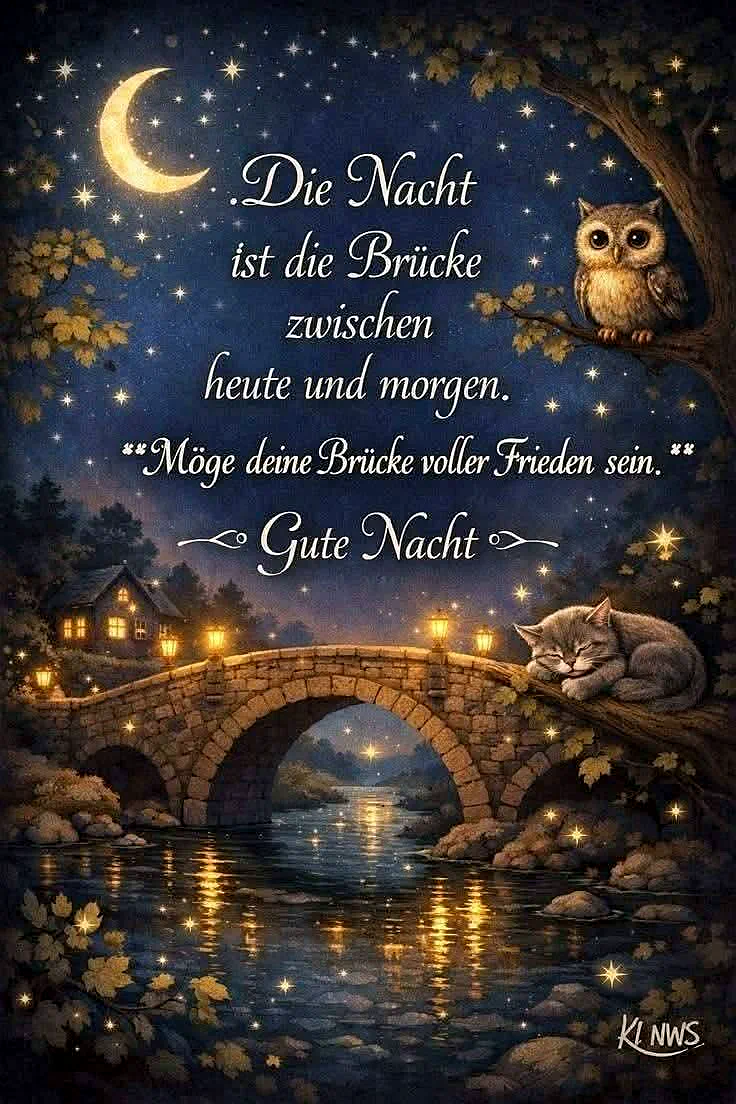 Ein nächtliches Bild zeigt eine beleuchtete Steinbrücke über einem Fluss. Eine schlafende Katze und eine Eule ruhen auf Baumästen. Sichelmond und Sterne leuchten über einer gemütlichen Hütte, alles strahlt Frieden aus.
