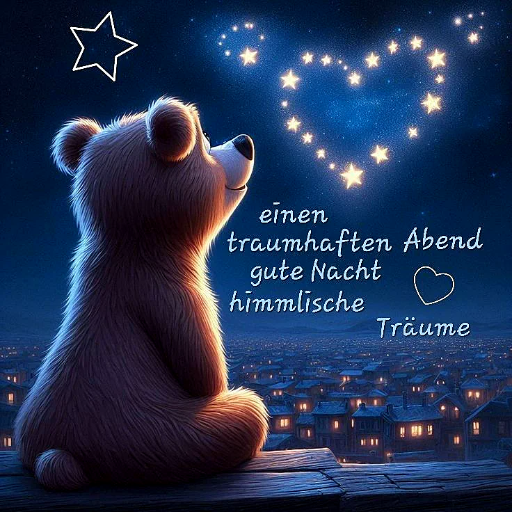 Ein flauschiger Teddybär sitzt auf einem Holzbalken über einer funkelnden Stadt bei Nacht. Ein Herz aus Sternen leuchtet am tiefblauen Himmel, dazu ein großer Einzelstern. Eine friedliche Szene, die magische Träume wünscht.