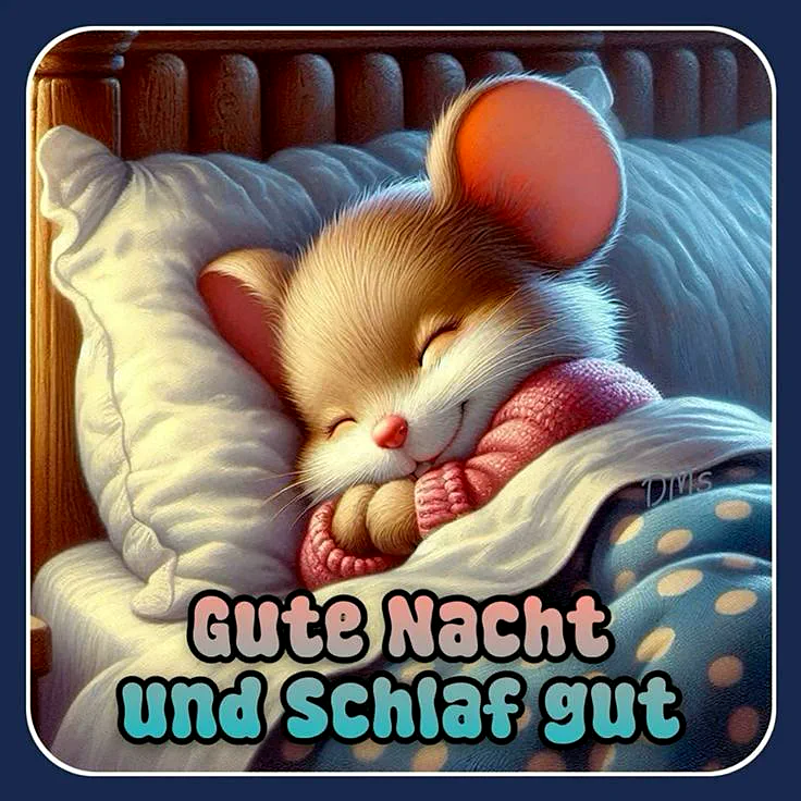 Ein süßes Mäuschen schläft friedlich lächelnd im Holzbett, eingekuschelt unter einer blau gepunkteten Decke. Es trägt einen rosa Pullover. Der Spruch 'Gute Nacht und Schlaf gut' ist sichtbar.