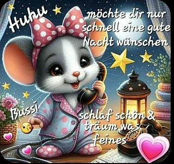 Eine niedliche Maus in rosa Pyjamas mit Tupfen und Schleife hält einen altmodischen Telefonhörer, lächelnd vor nächtlichem Mond und Sternen. Eine Laterne und zarte Herzen schaffen eine liebevolle Gute-Nacht-Atmosphäre für Verliebte.