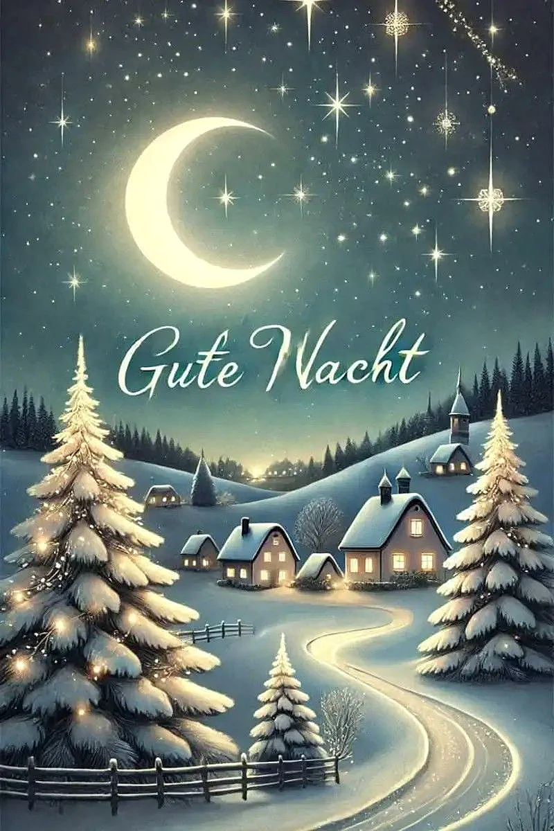 Idyllisches Winterdorf bei Nacht mit leuchtender Mondsichel und funkelnden Sternen. Schneebedeckte Häuser und Tannenbäume mit warmen Lichtern säumen einen verschneiten Weg. Eine magische, friedliche Gute Nacht Stimmung.