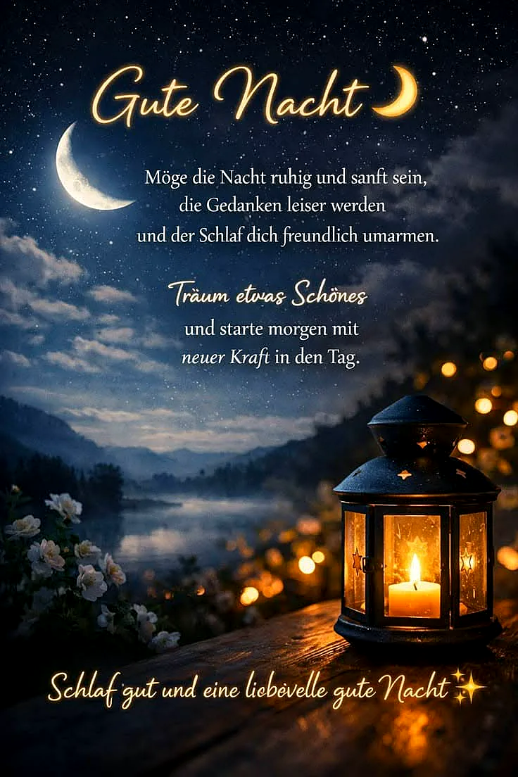 Ein stimmungsvolles Gute Nacht Bild mit funkelndem Sternenhimmel über einer ruhigen Berg- und Seenlandschaft. Eine warme Kerzenlaterne auf Holz, umrahmt von zarten weißen Blüten, verströmt friedliche und geborgene Abendstimmung.