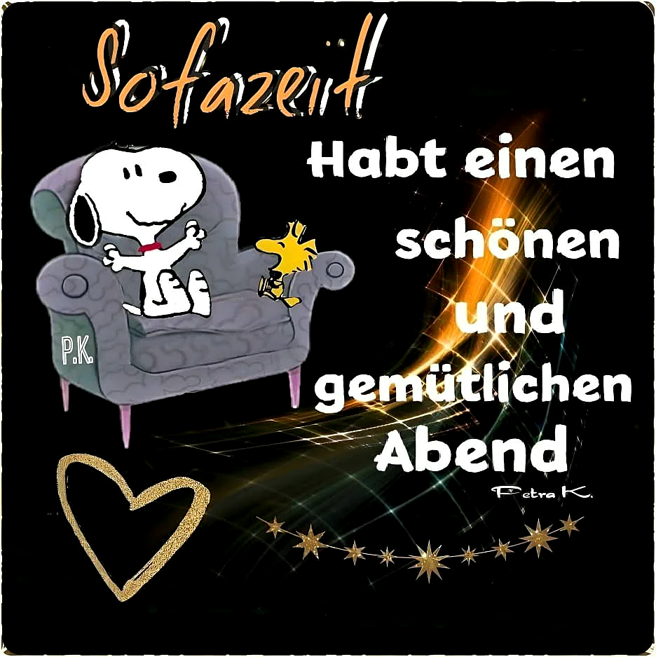 Snoopy und Woodstock sitzen gemütlich auf einem grauen Sofa vor schwarzem Hintergrund. Goldene Sterne, ein funkelndes Herz und warme Lichtstreifen umrahmen den herzlichen Abendgruß, der zum Entspannen einlädt.