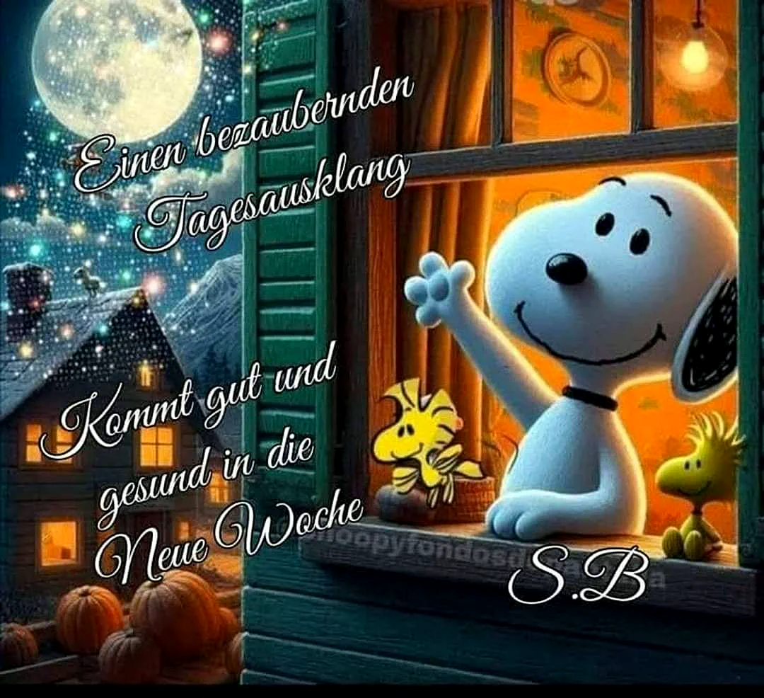 Ein lächelnder Snoopy winkt aus einem Fenster in die sternenklare Nacht. Ein großer Vollmond leuchtet über einem verschneiten Haus mit Kürbissen. Zwei Vögel sitzen auf dem Fensterbrett, eine friedliche Gute-Nacht-Atmosphäre verbreitend.