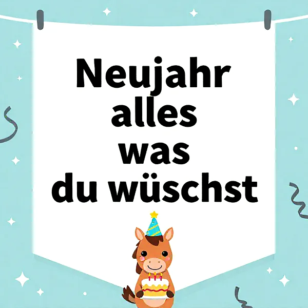 Ein niedliches Cartoon-Pferd mit Partyhut hält eine leckere Geburtstagstorte. Der Hintergrund in Pastellblau ist mit funkelnden Sternen und Konfetti geschmückt, darüber hängt ein Banner mit herzlichen Neujahrswünschen.