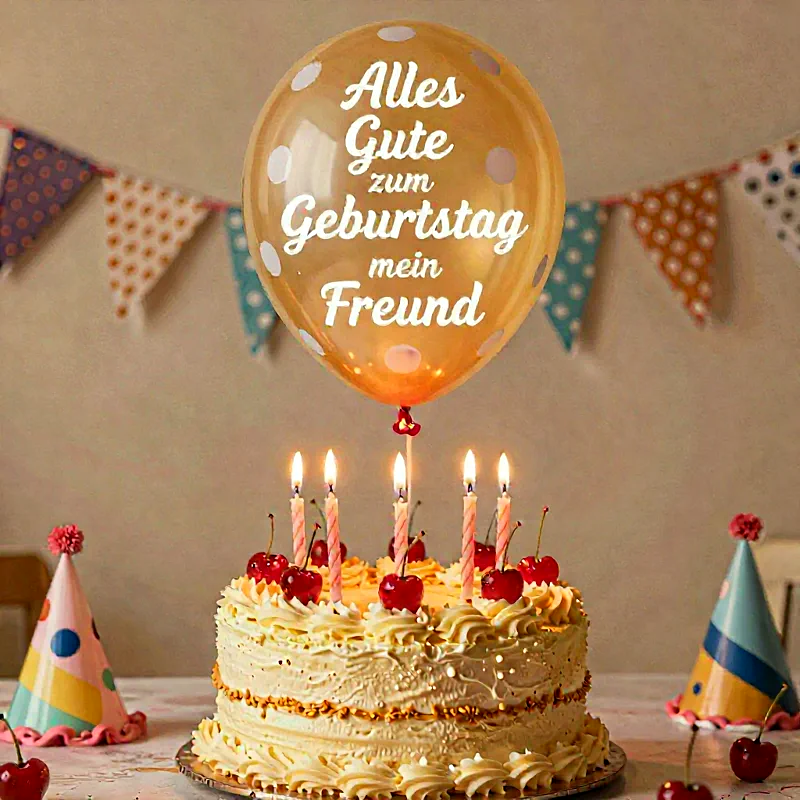 Festliche Geburtstagstorte mit brennenden Kerzen und roten Kirschen. Ein goldener Ballon mit 'Alles Gute zum Geburtstag mein Freund' schwebt darüber, begleitet von Partyhüten und bunter Wimpelkette. Eine herzliche Grußszene.