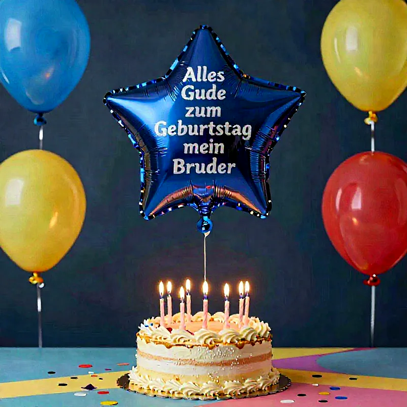 Festliche Geburtstagstorte mit brennenden Kerzen. Ein blauer Sternenballon mit dem Spruch „Alles Gute zum Geburtstag mein Bruder“ schwebt darüber. Bunte runde Ballons und Konfetti zieren den fröhlich gedeckten Tisch.
