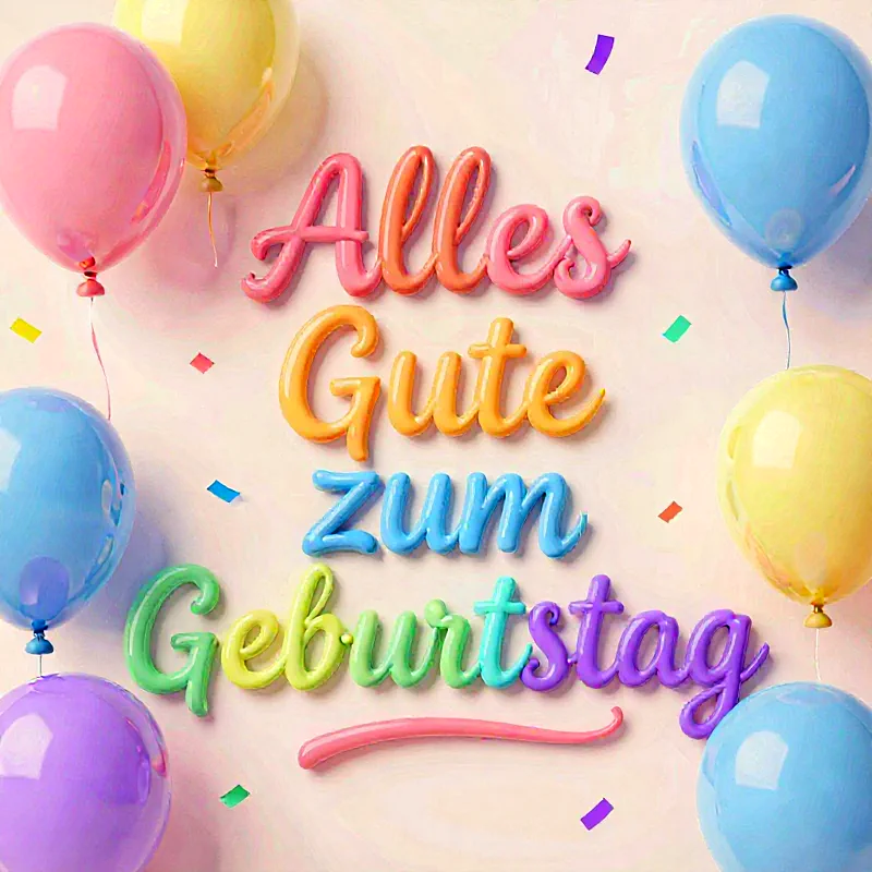 Festliches Bild mit dem dreidimensionalen Schriftzug „Alles Gute zum Geburtstag“ in leuchtenden Regenbogenfarben. Umrahmt von bunten Ballons in Pastelltönen und schimmerndem Konfetti, das eine fröhliche Atmosphäre schafft.