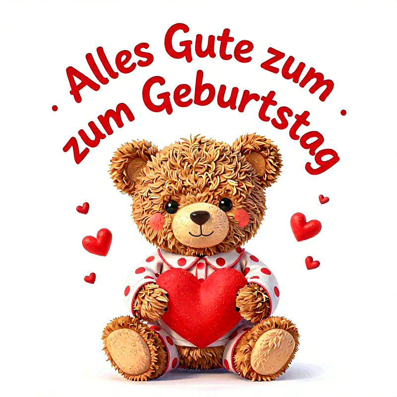 Ein niedlicher, flauschiger Teddybär in gepunktetem Schlafanzug hält ein großes rotes Herz. Um ihn herum schweben kleine Herzen, die festliche und liebevolle Geburtstagsgrüße übermitteln.