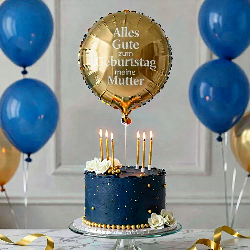 Elegante dunkelblaue Geburtstagstorte mit goldenen Kerzen und weißen Zuckerrosen. Ein goldener Ballon mit dem Spruch "Alles Gute zum Geburtstag meine Mutter" schwebt darüber, flankiert von blauen und goldenen Ballons. Festliche Stimmung.