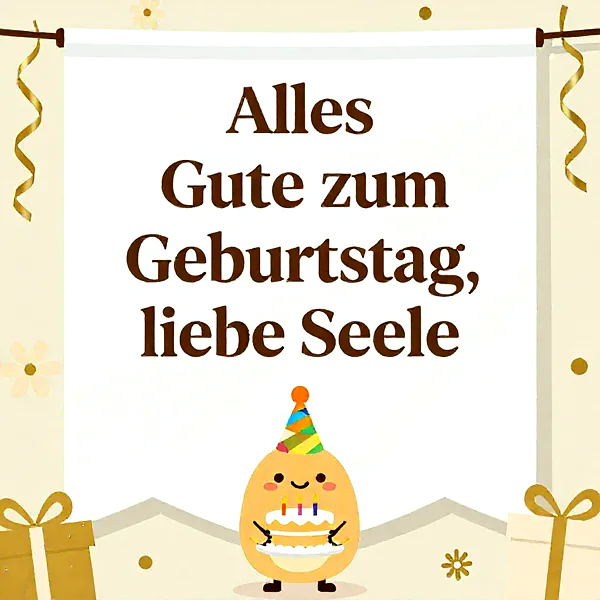 Ein charmantes, kartoffelähnliches Männchen mit buntem Partyhut und Geburtstagstorte auf einem weißen Banner. Goldene Geschenke und Bänder rahmen die festliche Szene ein, ideal für herzliche Geburtstagsgrüße.