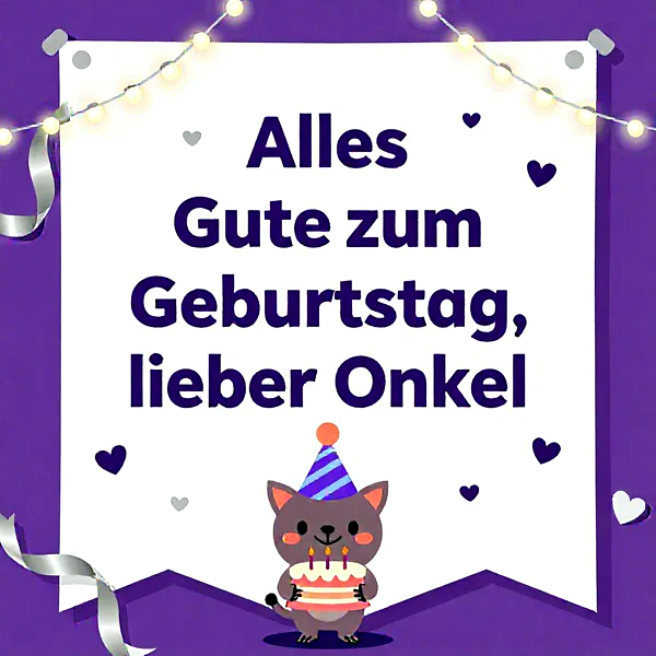 Süße graue Katze mit blauem Partyhut hält eine Geburtstagstorte mit brennenden Kerzen vor einem weißen Schild mit der Aufschrift 'Alles Gute zum Geburtstag, lieber Onkel'. Eine festliche Lichterkette und silberne Bänder zieren das herzliche Motiv.
