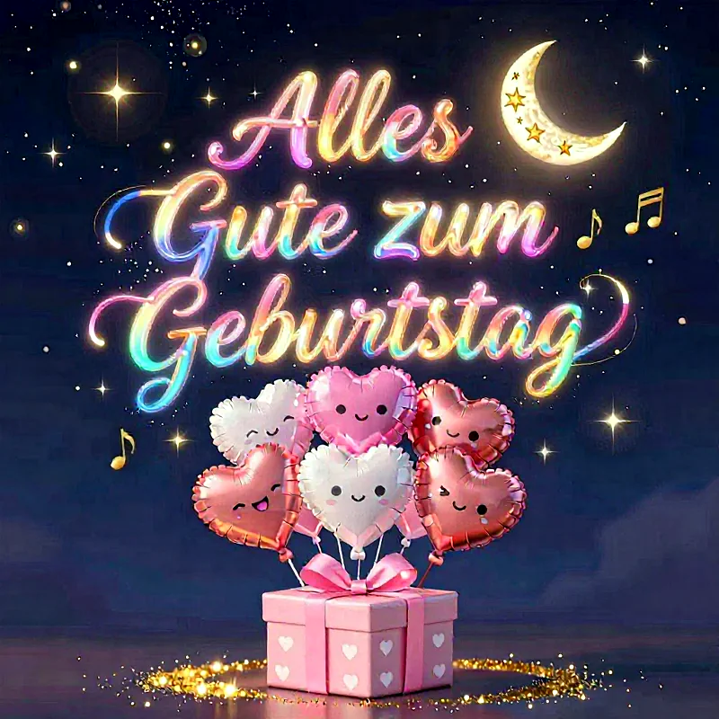 Ein magisches Geburtstagsbild mit leuchtender Regenbogen-Schrift "Alles Gute zum Geburtstag" und einem Sternenhimmel. Süße Herzballons mit Gesichtern steigen aus einem rosa Geschenkpaket, umgeben von goldenem Glitzer. Eine festliche und herzliche Szene.