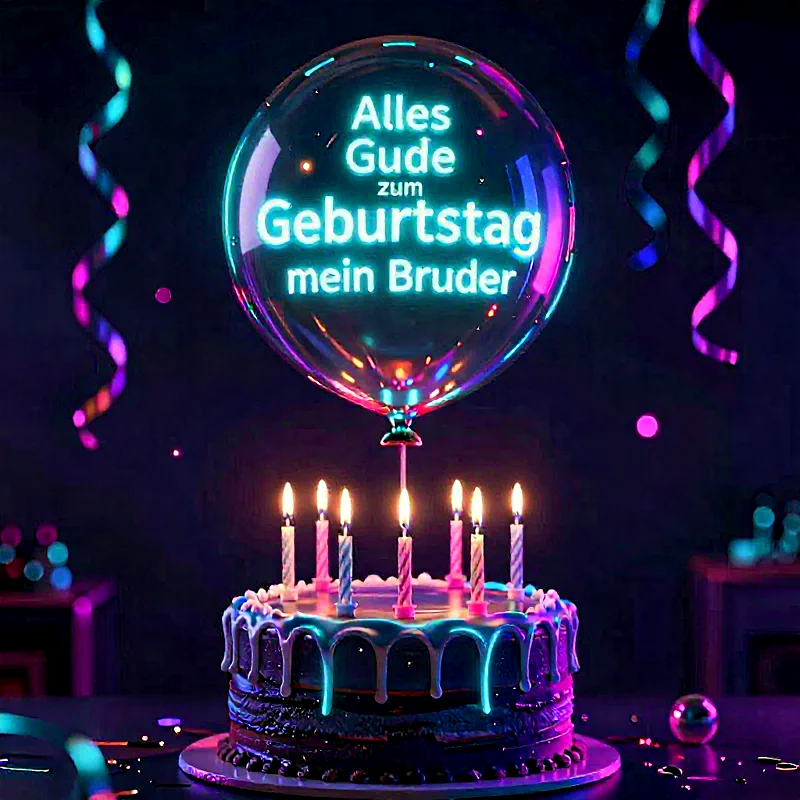 Festliche Geburtstagstorte mit leuchtender Glasur und Kerzen. Ein transparenter Ballon zeigt die Neonbotschaft 'Alles Gute zum Geburtstag mein Bruder'. Bunte Party-Streifen und Lichter schaffen eine liebevolle, herzliche Atmosphäre.