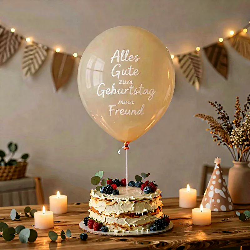 Ein festlicher Tisch mit Geburtstagstorte voller Beeren und Eukalyptus. Ein transparenter Ballon mit der Aufschrift „Alles Gute zum Geburtstag mein Freund“ schwebt darüber. Warmer Kerzenschein und eine Wimpelkette schaffen gemütliche Feststimmung.