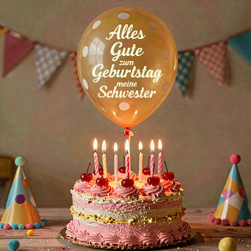Festliche rosa-weiße Geburtstagstorte mit brennenden Kerzen und Kirschen. Ein goldener Ballon mit dem Spruch 'Alles Gute zum Geburtstag meine Schwester' schwebt. Bunte Partyhüte und Wimpelketten schmücken die warme Feierlaune.