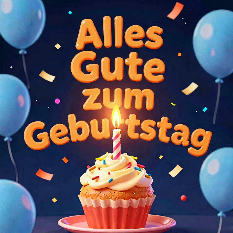 Festliches Bild mit einem süßen Cupcake, verziert mit Streuseln und einer brennenden Kerze, umgeben von schwebenden blauen Ballons und bunten Konfettischnipseln auf dunklem Hintergrund.