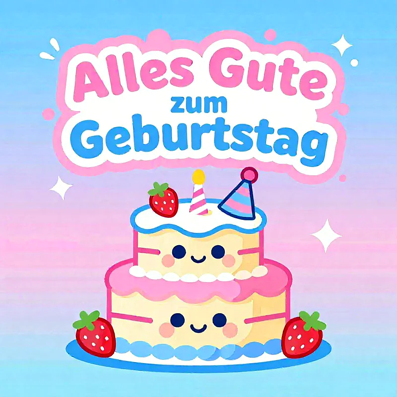 Eine festliche, zweistöckige Geburtstagstorte im Kawaii-Stil mit lächelnden Gesichtern. Erdbeeren, eine Kerze und ein Partyhut schmücken die Torte vor einem farbigen Hintergrund.