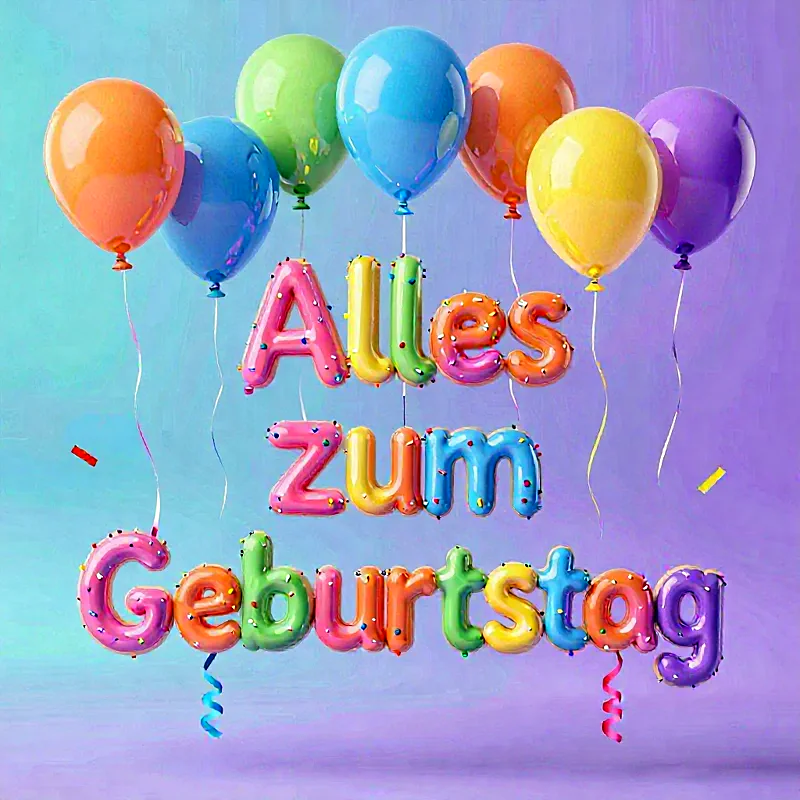 Farbenfroher 'Alles Zum Geburtstag'-Schriftzug aus zuckersüßen, mit Streuseln dekorierten Buchstaben, umgeben von schwebenden Ballons in Orange, Blau, Grün, Gelb, Violett. Konfetti und ein fröhlicher Farbverlauf schaffen eine festliche Stimmung.