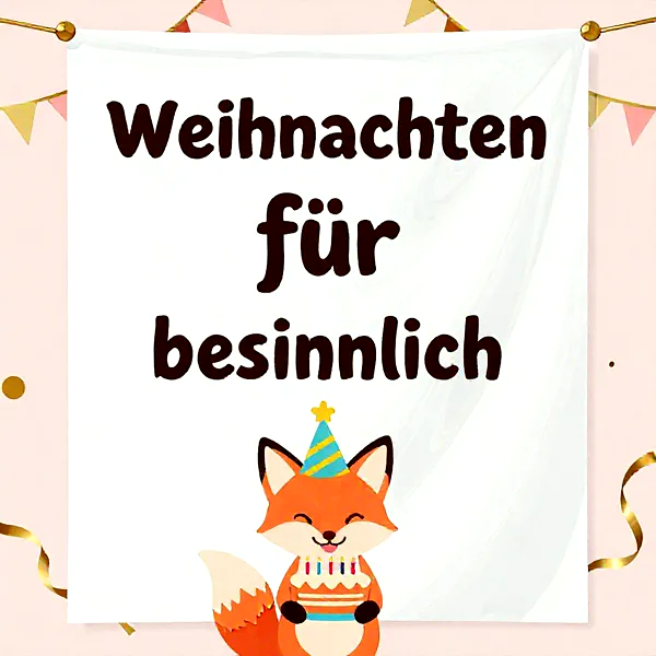Süßer Fuchs mit Geburtstagstorte und Partyhut vor rosa Hintergrund mit Girlanden.