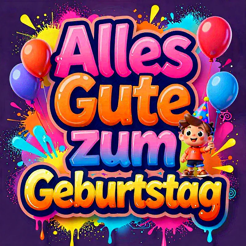 Ein fröhlicher Cartoon-Junge mit Partyhut hält einen roten Ballon. Ein großer, bunter "Alles Gute zum Geburtstag"-Schriftzug, umgeben von neonfarbenen Farbspritzern, sorgt für eine ausgelassene Feststimmung.