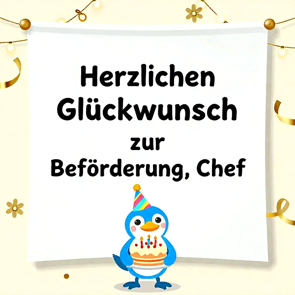 Ein süßer blauer Pinguin mit bunter Partyhut präsentiert stolz eine Geburtstagstorte mit Kerzen auf einem festlichen Schild. Herzliche Glückwünsche zur Beförderung an den Chef, umgeben von goldenen Girlanden und Konfetti.