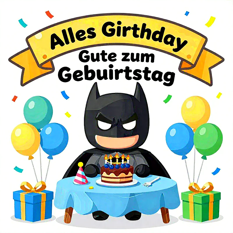 Ein niedlicher Cartoon-Batman feiert mit dir Geburtstag. Er sitzt am Tisch, vor ihm eine Torte mit Kerzen. Bunte Luftballons, Geschenke und Konfetti sorgen für festliche Stimmung und humorvolle Glückwünsche.