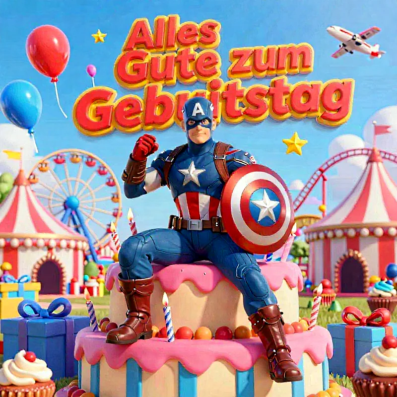 Captain America thront auf einer großen pinken Geburtstagstorte mit Kerzen. Ein bunter Vergnügungspark mit Riesenrad, Zelten, schwebenden Ballons und Geschenken schafft eine superheldenhafte, festliche Geburtstagsstimmung.