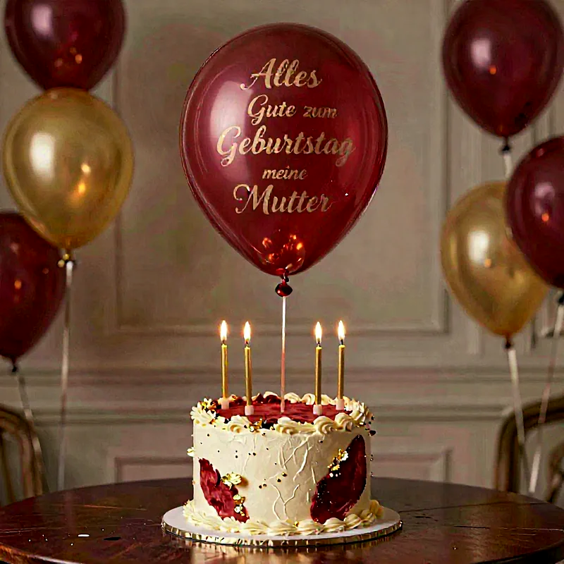 Eine elegante Geburtstagstorte mit fünf brennenden goldenen Kerzen und einem roten Ballon, der "Alles Gute zum Geburtstag meine Mutter" verkündet. Goldene und rote Ballons im Hintergrund ergänzen die festliche und herzliche Atmosphäre.