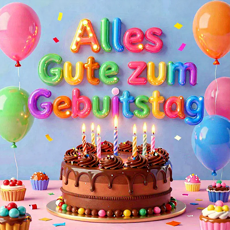 Eine festliche Schokoladentorte mit bunten Kerzen und leuchtenden "Alles Gute zum Geburtstag"-Buchstaben an einer blauen Wand. Umgeben von farbigen Ballons und kleinen Cupcakes, strahlt das Bild pure Geburtstagsfreude aus.