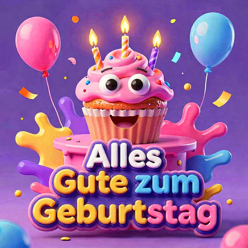 Ein fröhliches, rosa Cupcake mit großen Kulleraugen und lachendem Mund. Drei brennende Geburtstagskerzen, bunte Ballons und Konfetti umrahmen den Schriftzug 'Alles Gute zum Geburtstag' auf einem lebhaften lila Hintergrund.
