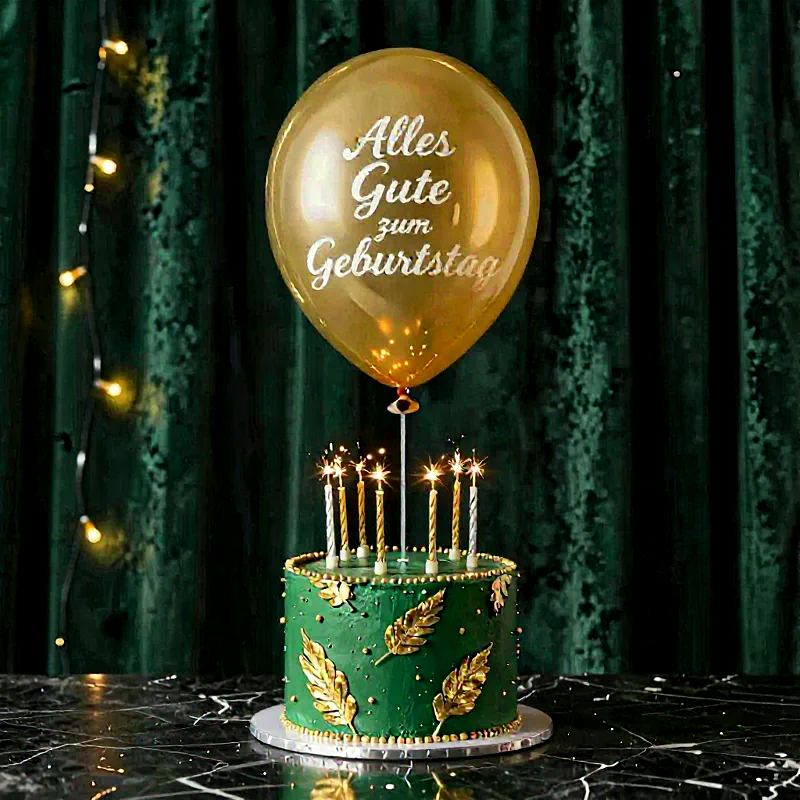 Eleganter grüner Geburtstagskuchen mit goldenen Blättern und brennenden Wunderkerzen. Ein goldener Ballon mit 'Alles Gute zum Geburtstag' schwebt davor, im Hintergrund ein dunkler Vorhang mit Lichterkette.