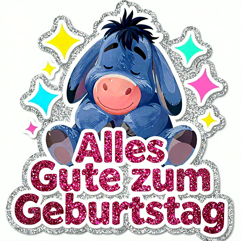 Ein liebevoll gestalteter blauer Esel mit geschlossenen Augen sitzt friedlich, umrahmt von funkelnden Sternen in Gelb, Türkis und Pink. Der Text "Alles Gute zum Geburtstag" in glitzerndem Pink macht dies zu einem herzlichen Grußbild.