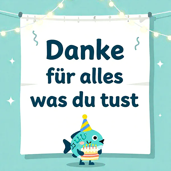 Ein niedlicher, blauer Fisch mit Partyhut hält eine bunte Geburtstagstorte. Er steht vor einem Banner mit dem Text 'Danke für alles was du tust', umrahmt von Lichterketten und Sternen auf türkisfarbenem Grund.
