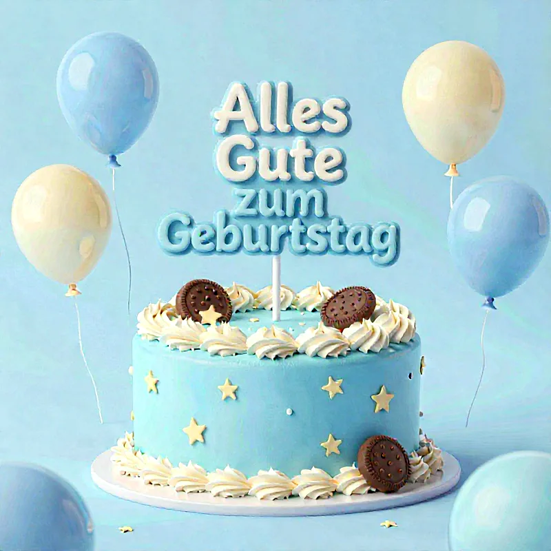 Festliche hellblaue Geburtstagstorte mit einem 'Alles Gute zum Geburtstag'-Topper, umgeben von schwebenden Luftballons. Die Torte ist dekoriert mit kleinen Sternen und Schoko-Keksen für einen süßen Wunsch.