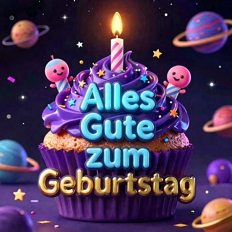 Ein magischer 3D-Geburtstagscupcake mit lila Frosting und einer leuchtenden Kerze. Blaue und goldene "Alles Gute zum Geburtstag" Schrift, umrahmt von süßen Figuren, bunten Sternen-Streuseln und einer verträumten Weltraumkulisse mit schwebenden Planeten und Sternen.