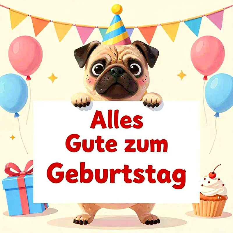 Ein süßer Mops mit Partyhut blickt fröhlich hervor und hält ein Schild mit 'Alles Gute zum Geburtstag'. Im Hintergrund sind bunte Girlanden, Luftballons, ein blaues Geschenk und ein Cupcake zu sehen, die eine festliche Atmosphäre zaubern.