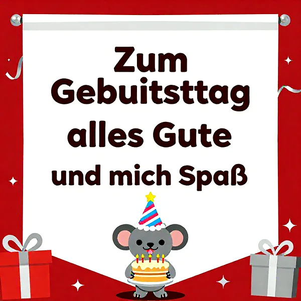 Ein entzückendes graues Mäuschen mit gestreiftem Partyhut hält eine Geburtstagstorte mit fünf brennenden Kerzen. Der rote festliche Hintergrund schmückt sich mit glänzenden Geschenkboxen und feierlichem Konfetti, das eine fröhliche Atmosphäre zaubert.